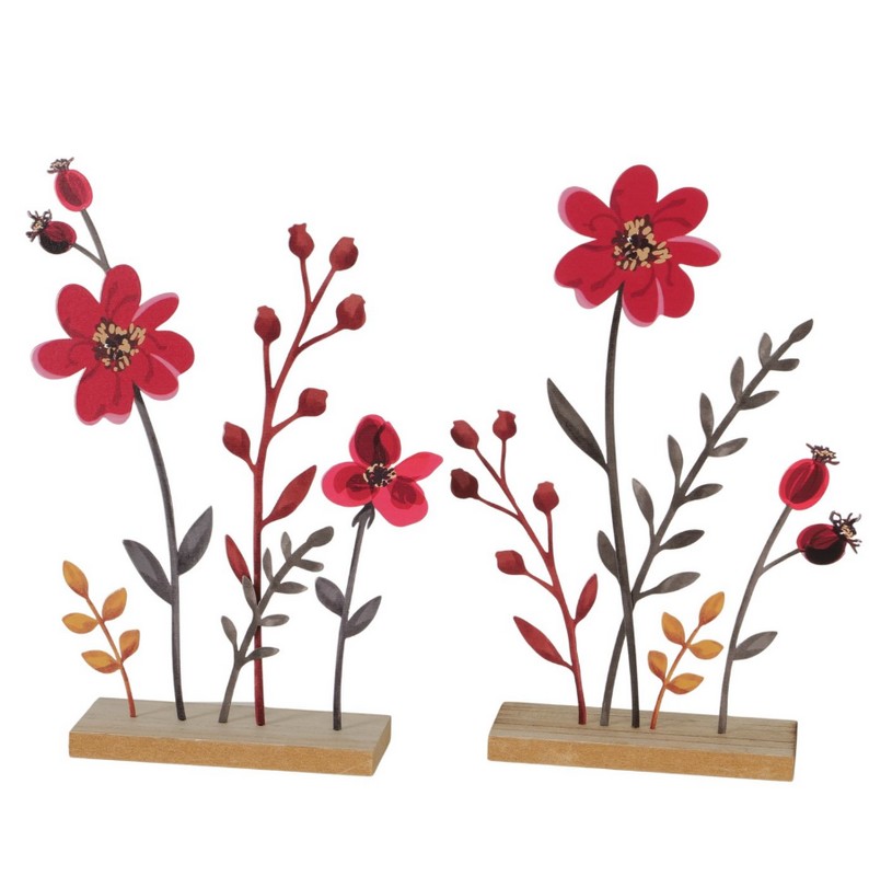 Fiori di rosa canina decorativa in metallo con base in legno in 2 varianti assortite, perfetta come decoro autunnale